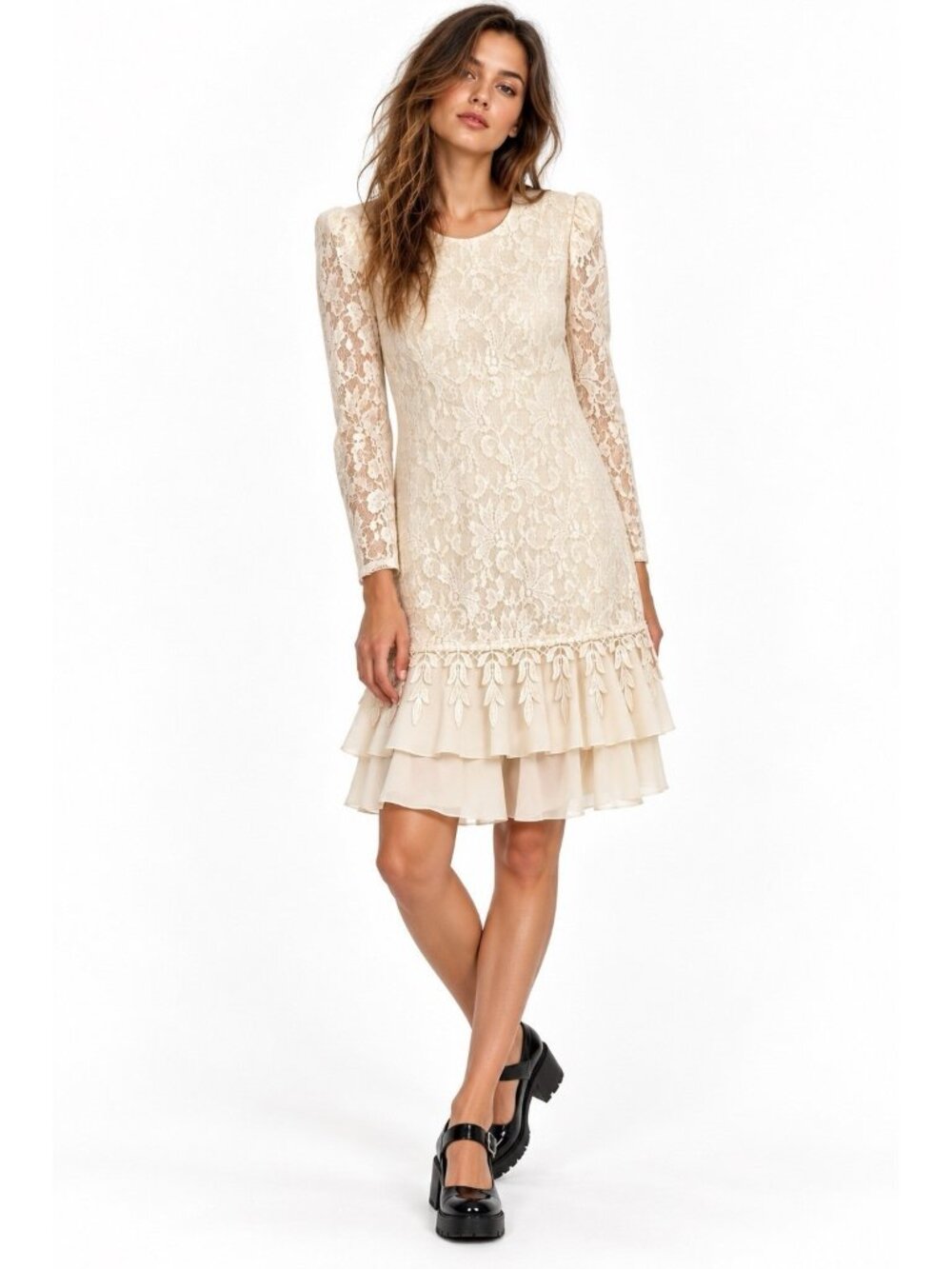 vintage 80s IVORY LACE DRESS large drop waist tiered ruffle romantic cottage